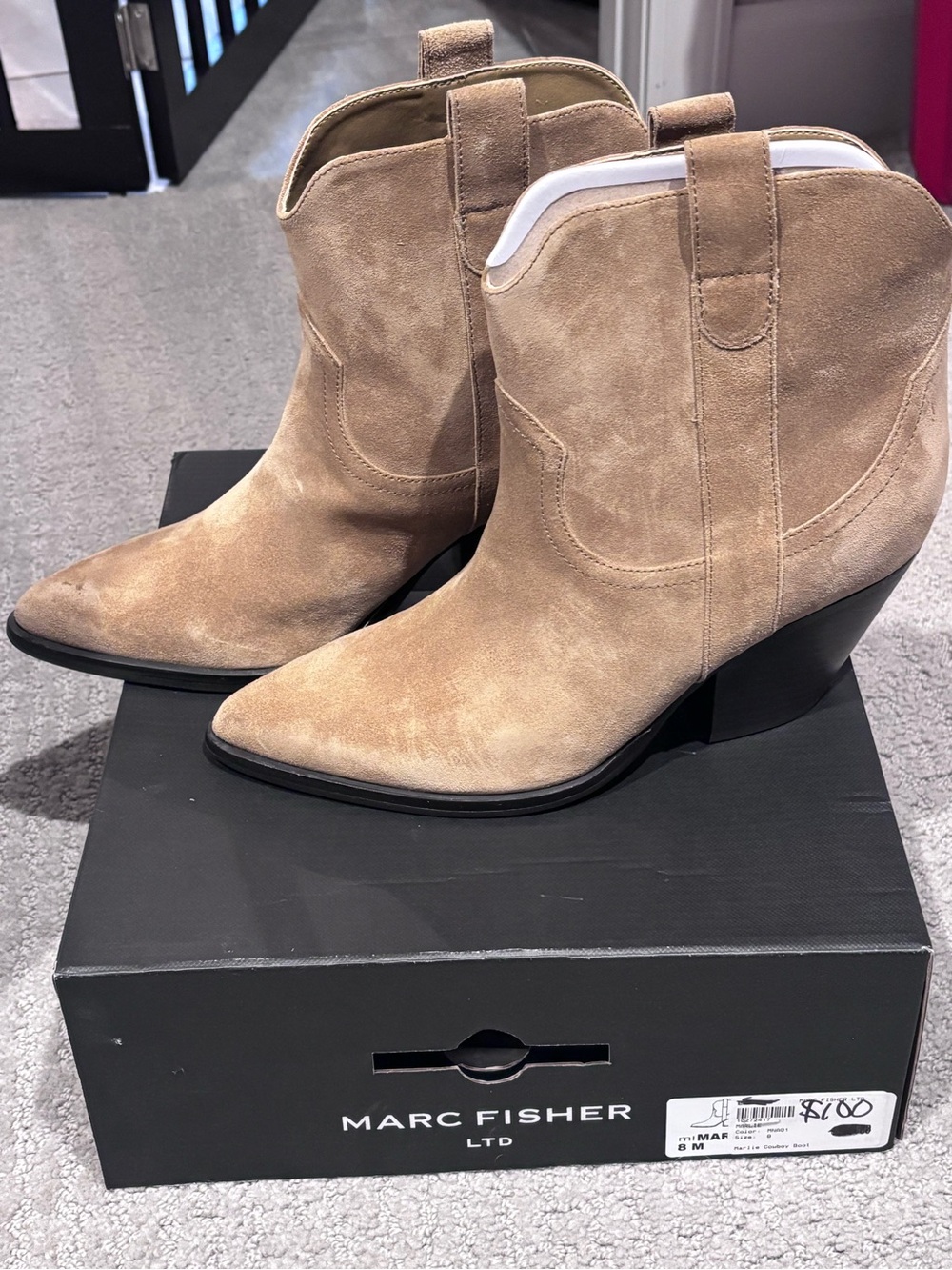 Marc Fisher Tan Suede Western-Inspired Ankle Boots